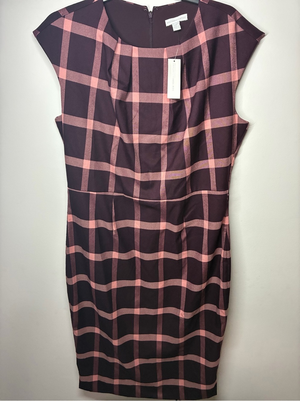 New York & Company Plum and Pink Plaid Sheath Dress
